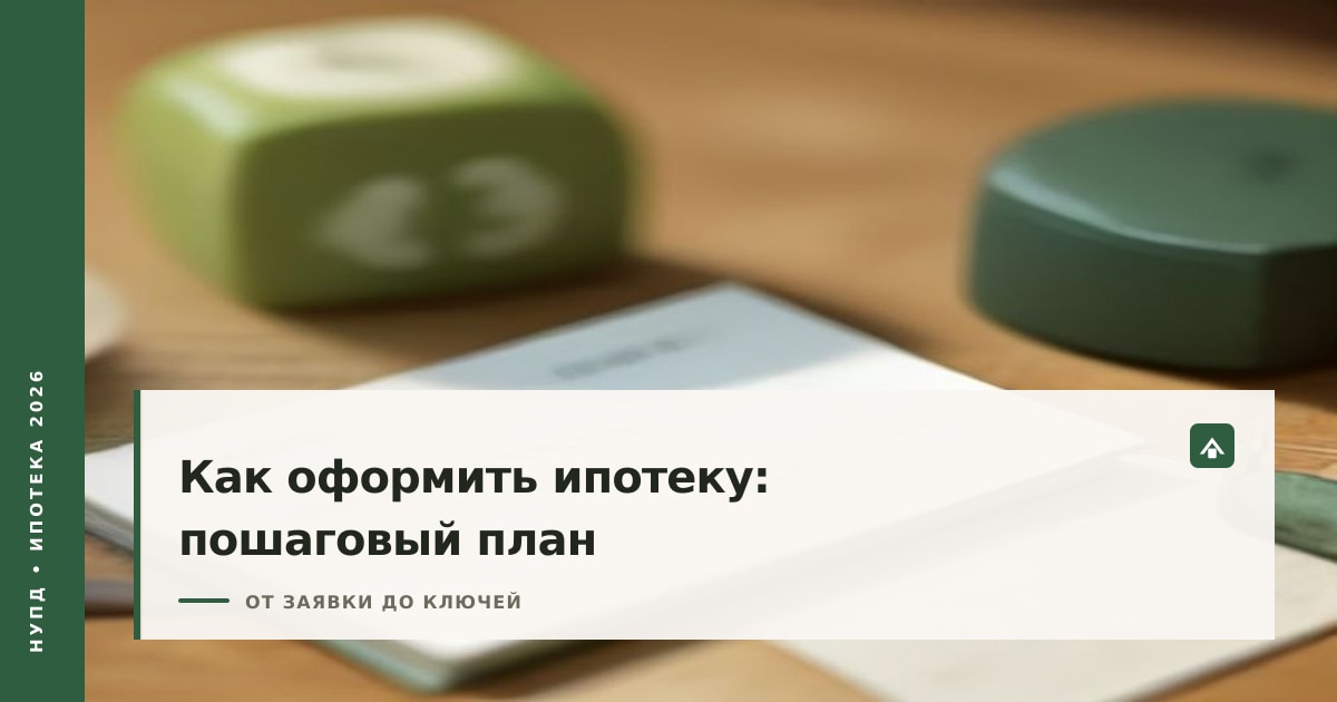 Обложка пошагового плана оформления ипотеки: чек-лист с отметками и модель дома