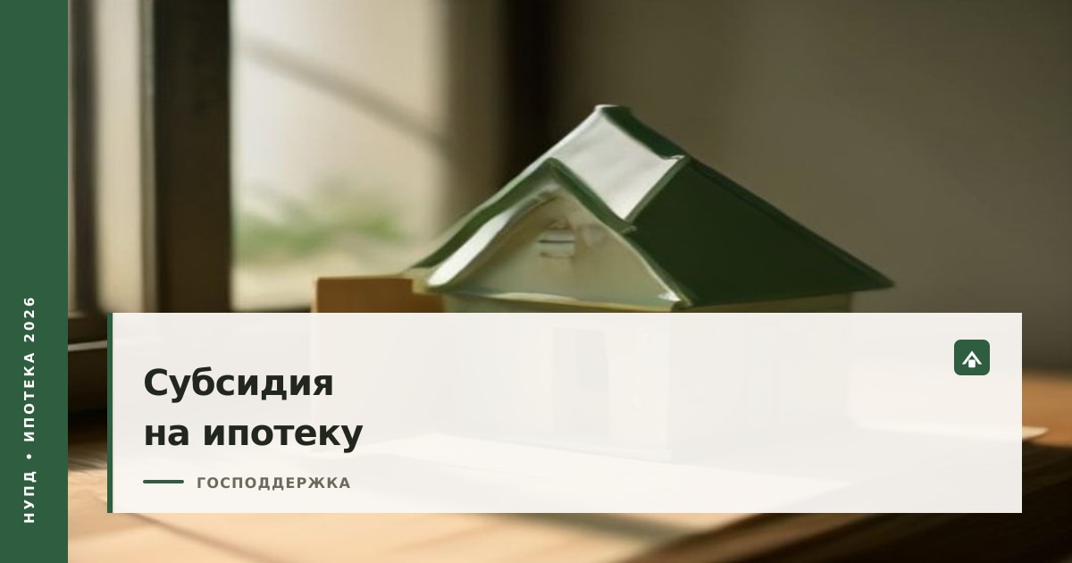 Обложка статьи о субсидии на ипотеку: модель дома с зелёной лентой на документах